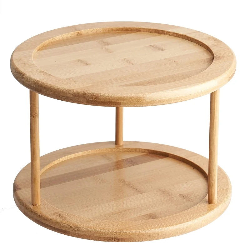 F1FB Round Bamboo Turntable Cabinet Organizer 2 Tier Spice Rack Removable Spinning Tray Organizer for Kitchen Cabinet Solid Wood