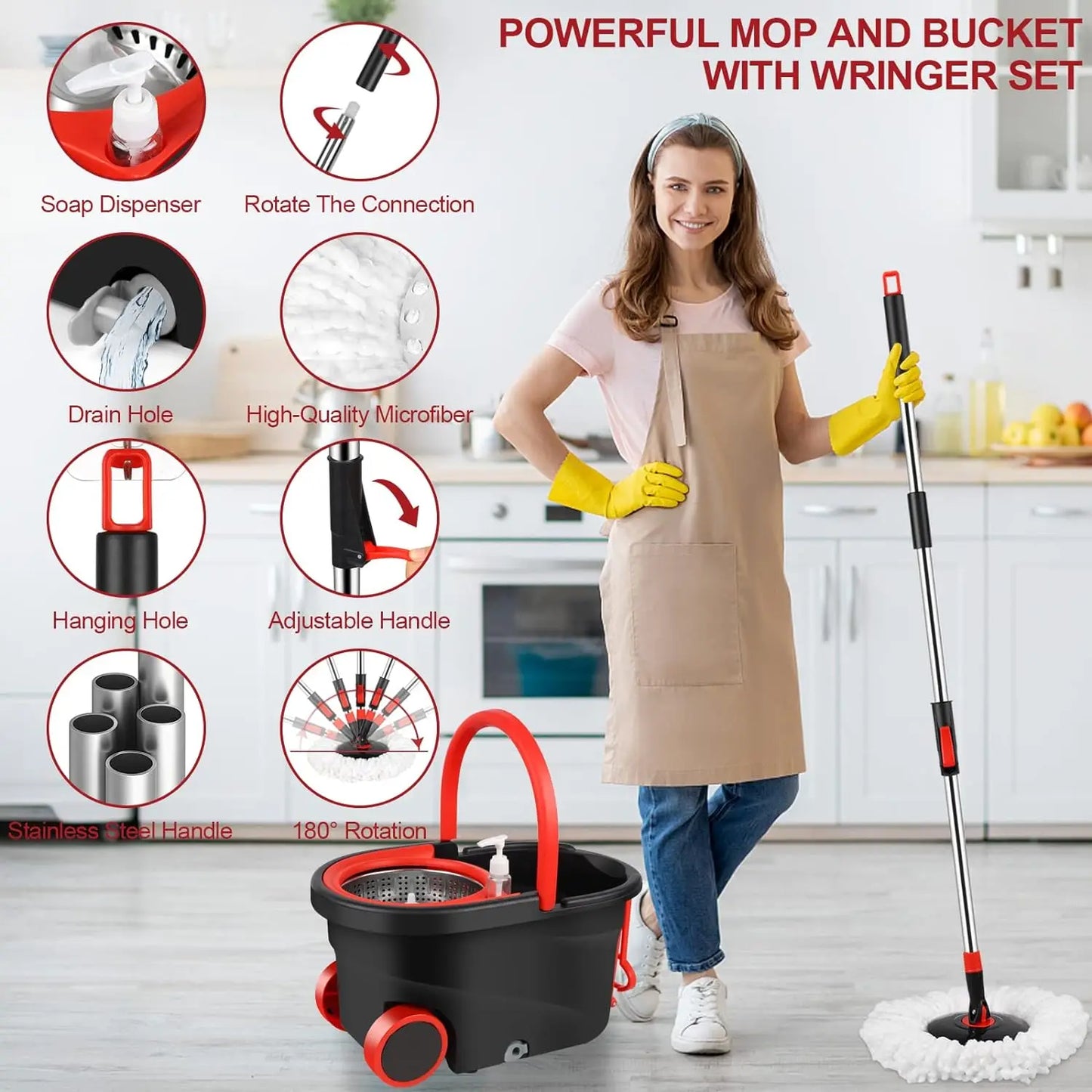 EZHomeEssentials Spin Mop Bucket Set With Replacement Heads