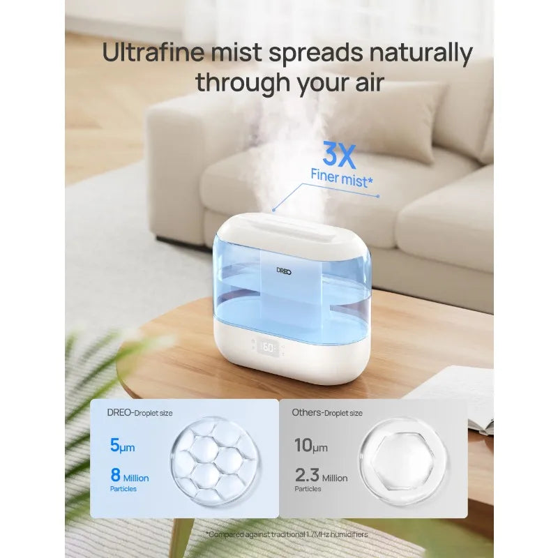 Dreo Humidifier for Bedroom, 4L Cool Mist Top-Fill Ultrasonic Humidifiers, Essential Oil Diffuser and Nightlight, 32H Runtime,