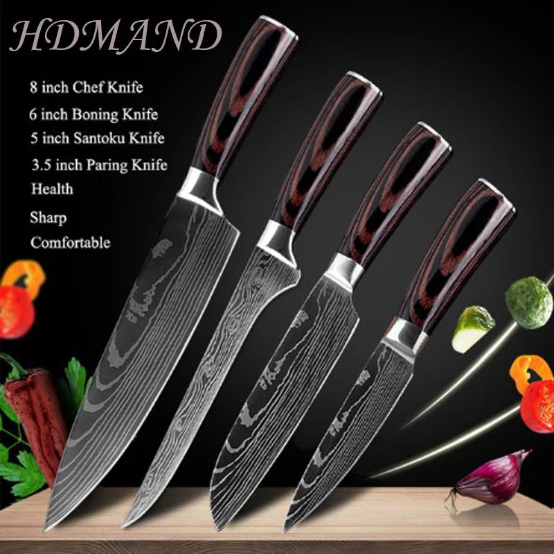 8 " Kitchen Knives Sharp Chef Knife Stainless Steel Laser Damascus Style Cleaver Sushi Knife Slicing Utility Cooking Accessories