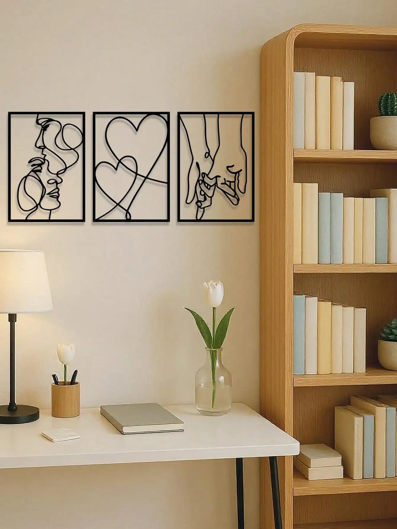 3-Piece Romanticized-Ornate-Design Metal Wall Art Ensemble Depicting Silhouettes