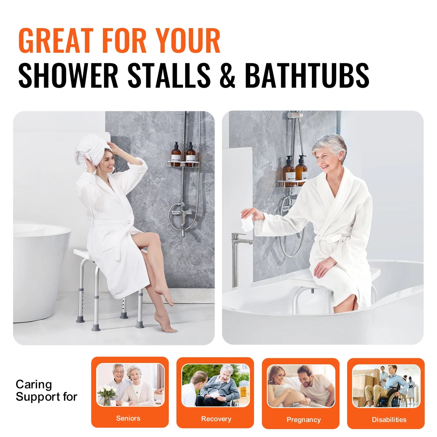 SucceBuy Shower Chair Adjustable Height Shower Stool with Built-in Handles Shower Seat for Inside Shower or Tub 158.8kg Capacity
