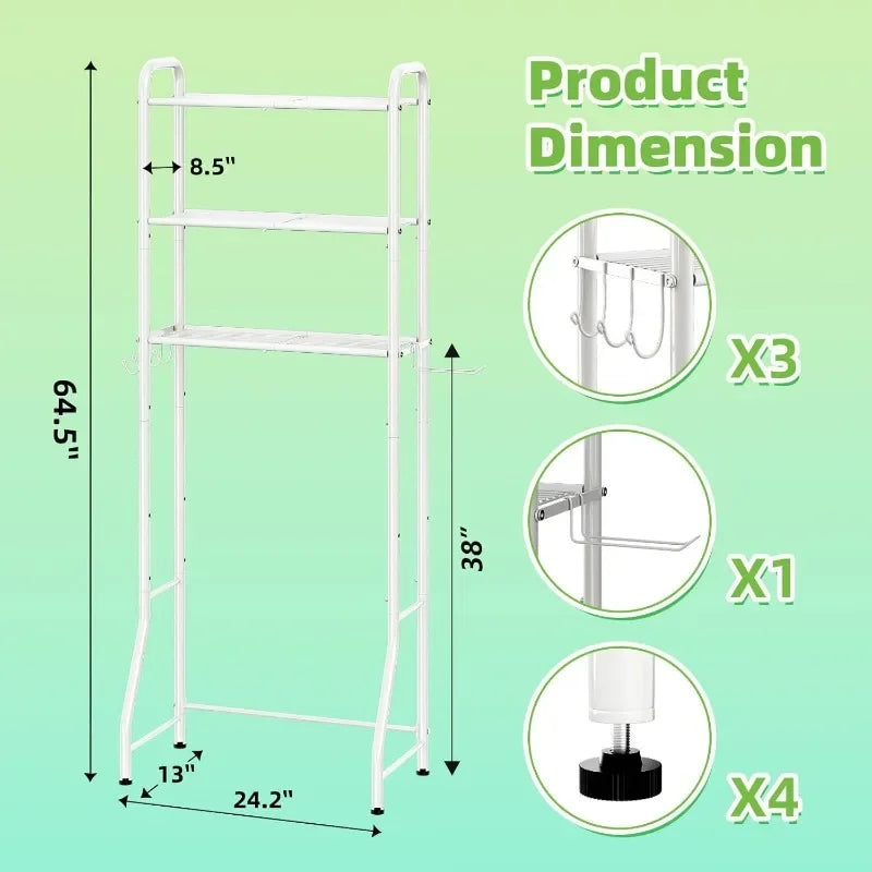 Over The Toilet Storage Rack, Metal 3 Tier Bathroom Organizer Shelf with Paper Holder and 3 Hooks, White