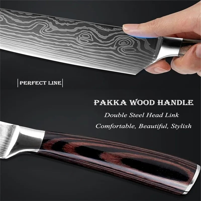8 " Kitchen Knives Sharp Chef Knife Stainless Steel Laser Damascus Style Cleaver Sushi Knife Slicing Utility Cooking Accessories