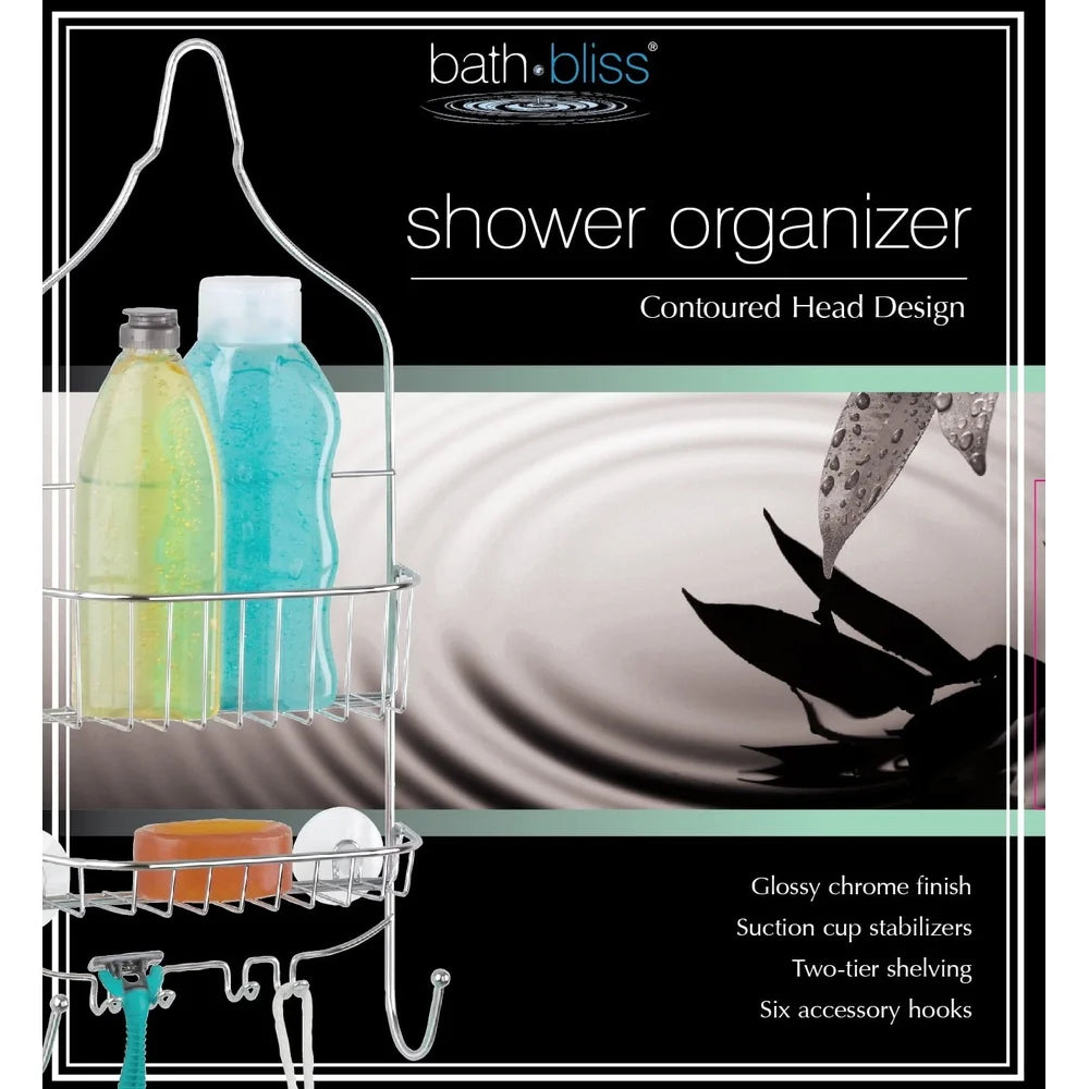 Contoured Metal Shower Caddy Two Shelves Chrome Finish Bathroom Organizer with Six Hooks Accessories Rust Resistant Durable