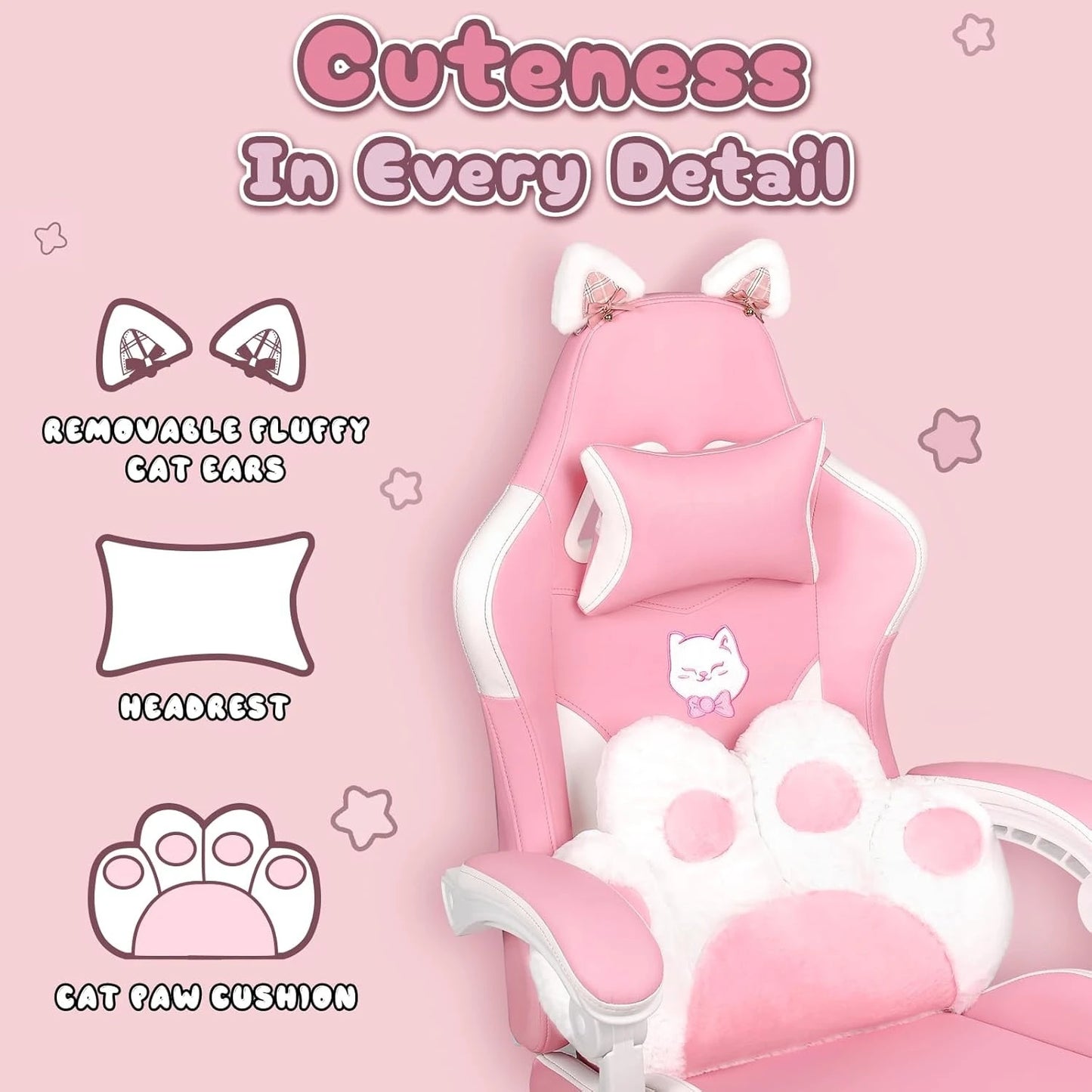 XMSJ Cat Ears Gaming Chair with Lumbar Cushion Ergonomic