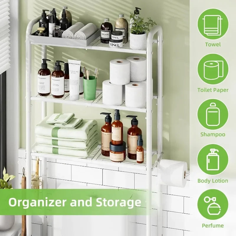 Over The Toilet Storage Rack, Metal 3 Tier Bathroom Organizer Shelf with Paper Holder and 3 Hooks, White