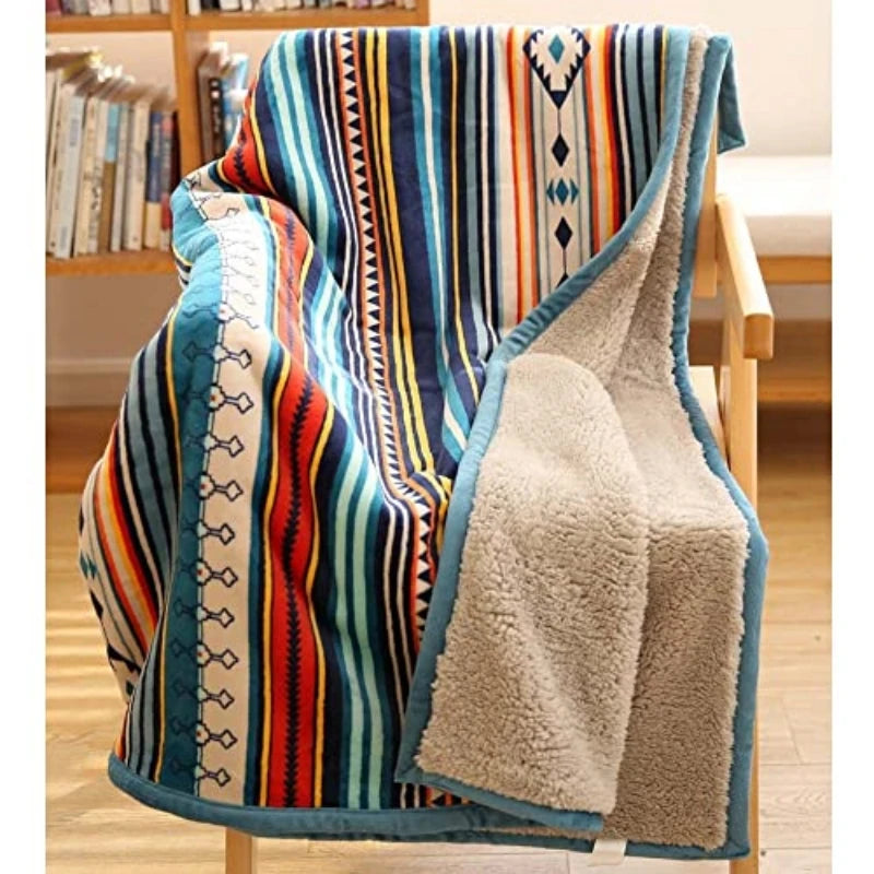 COTTEBED Lightweight Boho Sherpa Throw With Striped Pattern