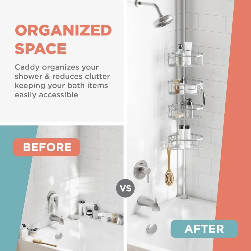 Tension Pole Shower Caddy With 4 Shelves Rustproof Aluminum