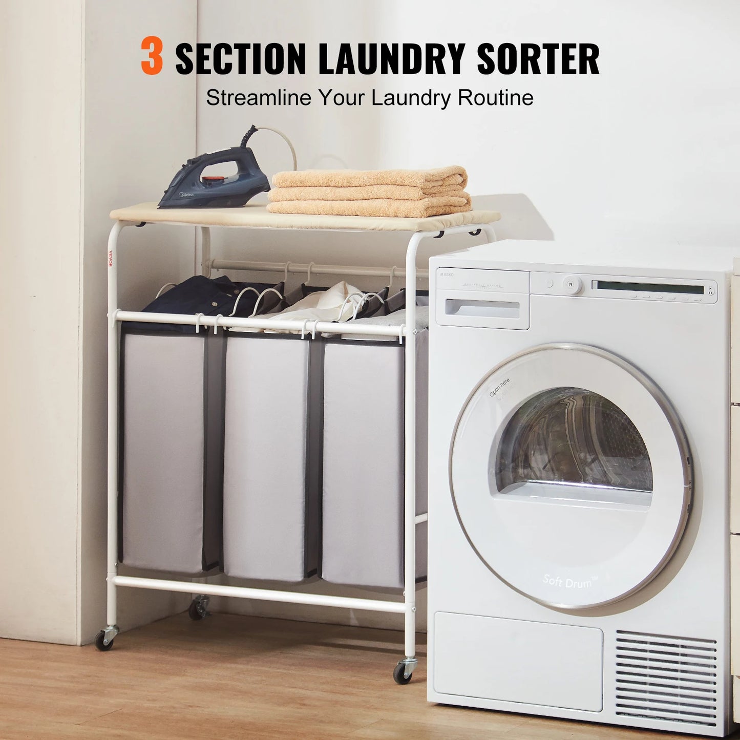EZHomeEssentials 3Section Laundry Sorter Ironing Board Cart