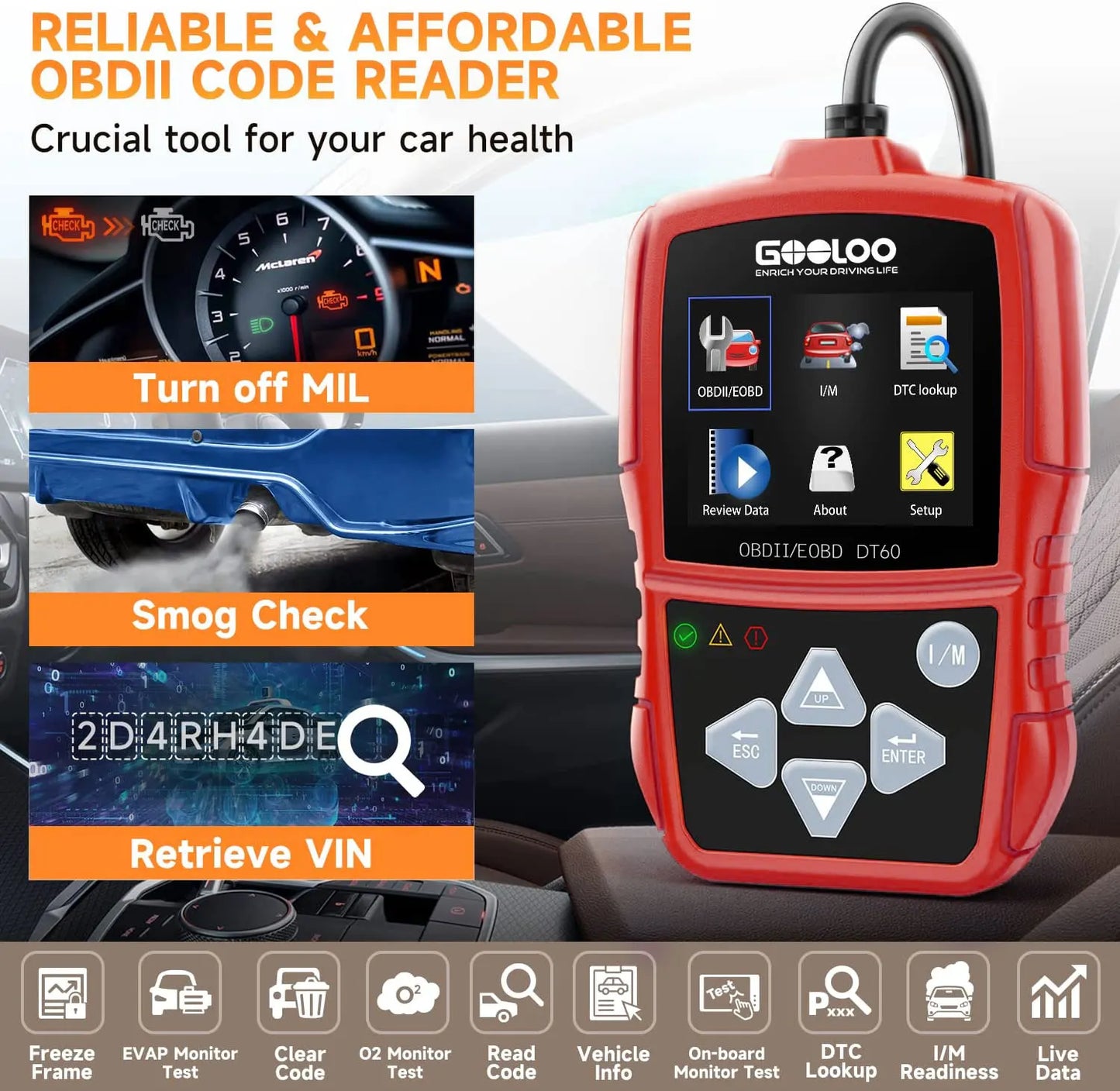 GOOLOO DT60 Car Diagnostic Tool OBD2 Scanner ENGINE System Code Reader Car OBD Code Reader Engine Fault Diagnostic Tool