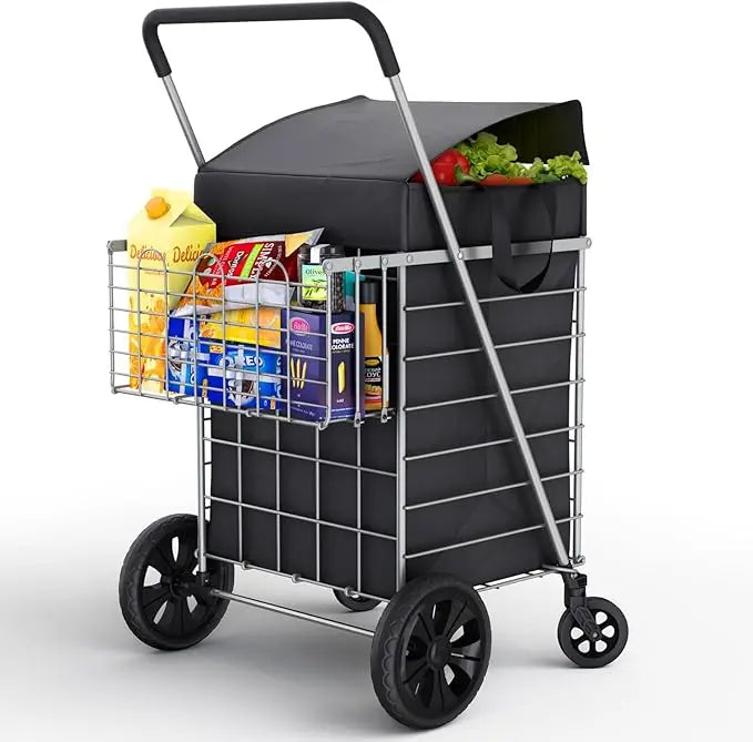Foldable Lightweight Shopping Cart With Waterproof Basket Liner And Wheels