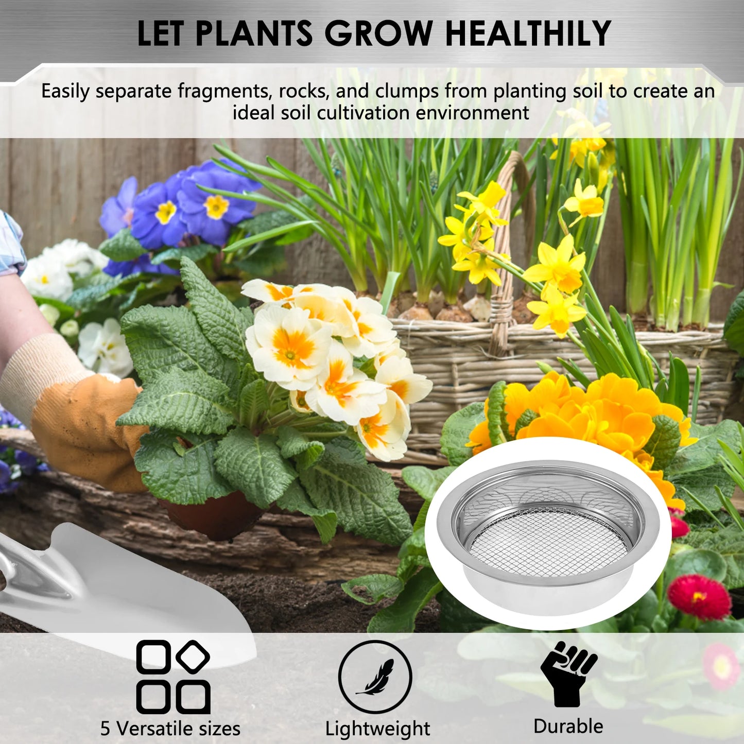 Stainless Steel Soil Sieve Interchangeable Meshes Set Multifunctional Garden Soil Filter with 9.45inch Diameter for Sand Rocks