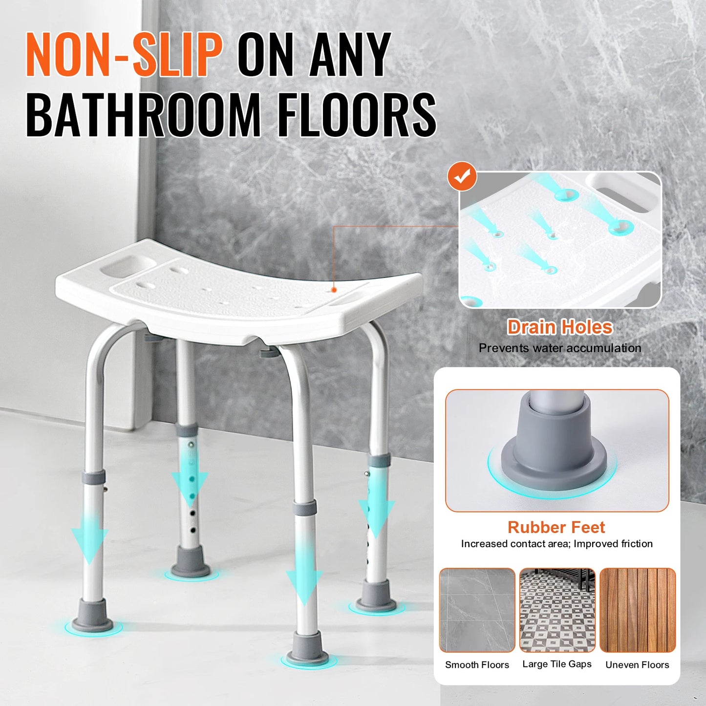 SucceBuy Shower Chair Adjustable Height Shower Stool with Built-in Handles Shower Seat for Inside Shower or Tub 158.8kg Capacity