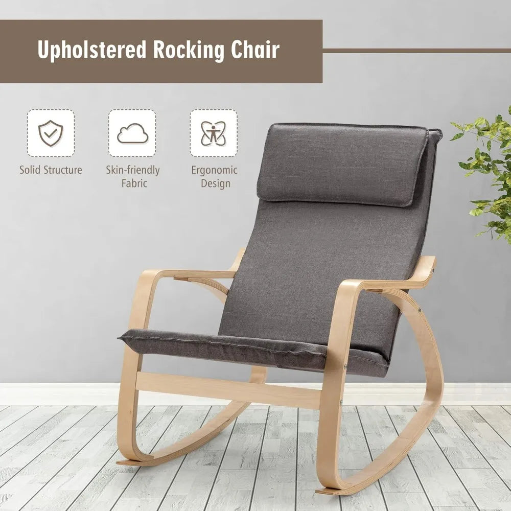Folded Rocking Chair With Upholstered Cushion Wooden Frame