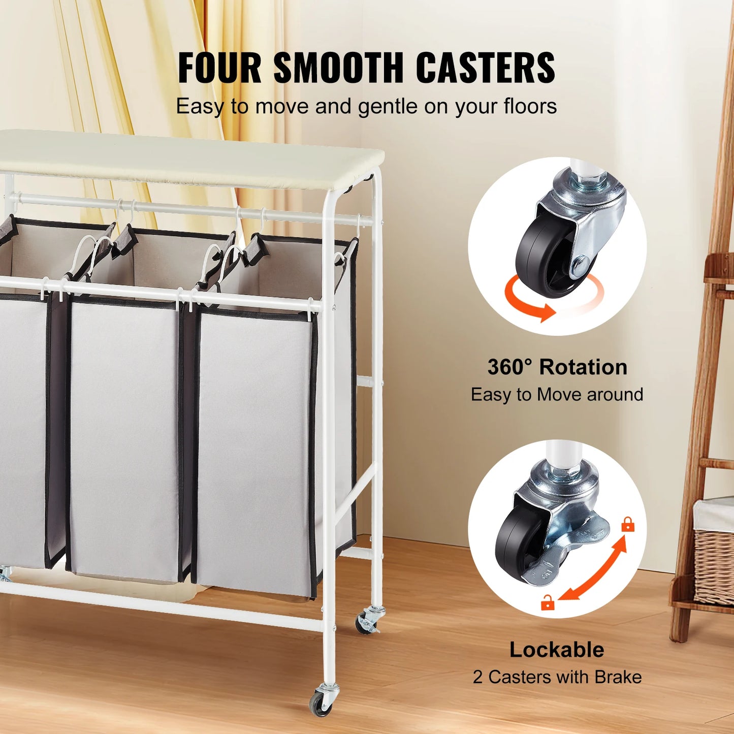EZHomeEssentials 3Section Laundry Sorter Ironing Board Cart