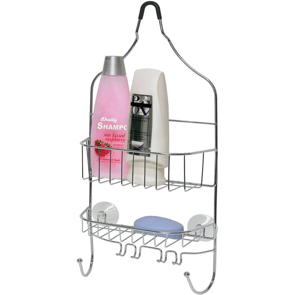Contoured Metal Shower Caddy Two Shelves Chrome Finish Bathroom Organizer with Six Hooks Accessories Rust Resistant Durable