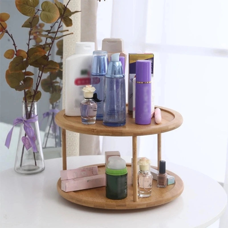 F1FB Round Bamboo Turntable Cabinet Organizer 2 Tier Spice Rack Removable Spinning Tray Organizer for Kitchen Cabinet Solid Wood