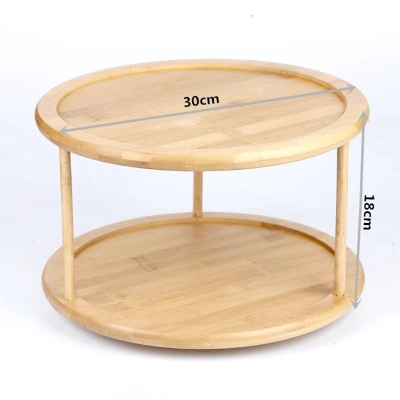 F1FB Round Bamboo Turntable Cabinet Organizer 2 Tier Spice Rack Removable Spinning Tray Organizer for Kitchen Cabinet Solid Wood