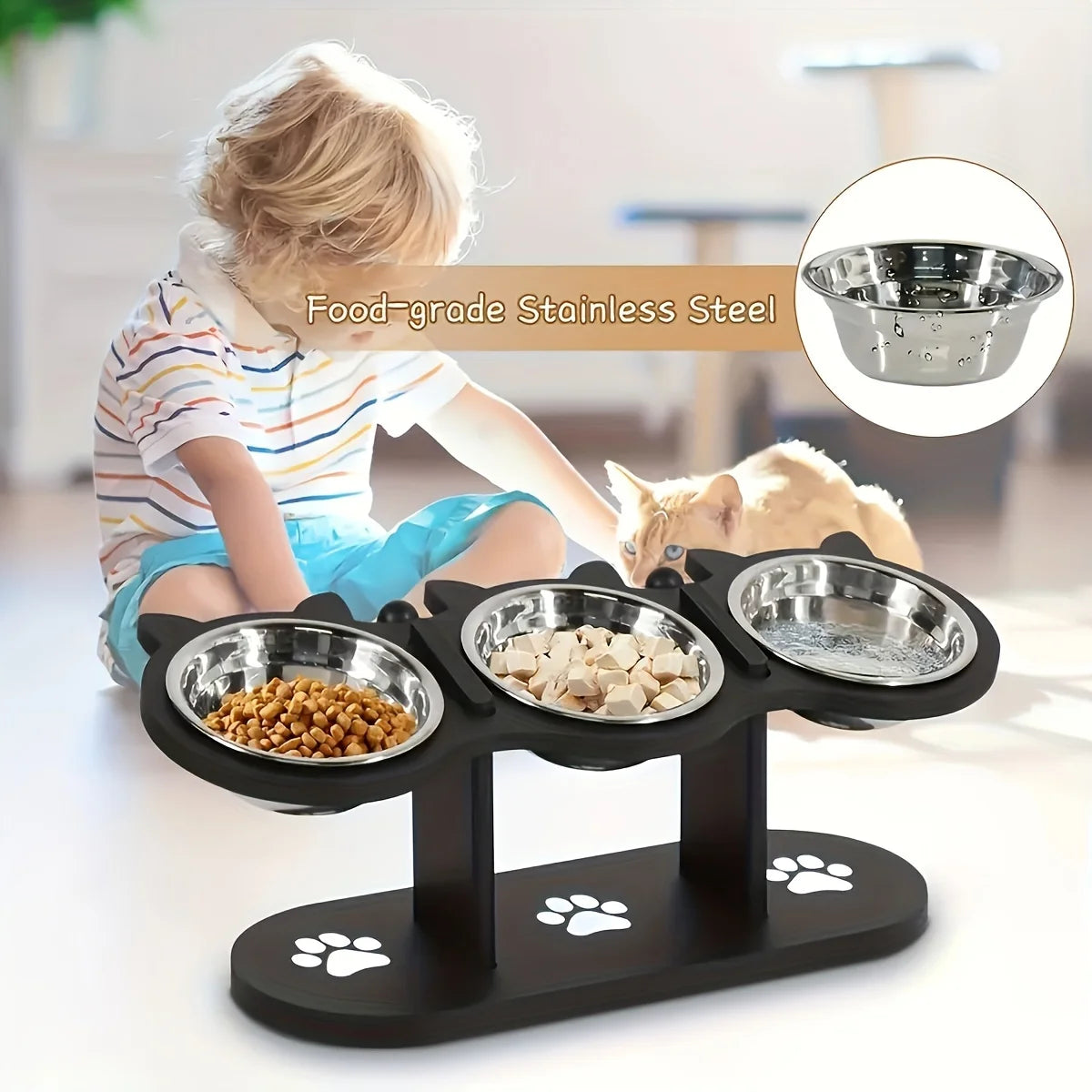 Hign Concerned Raised Cat Bowls Tilted 15 Degree Wood Stand