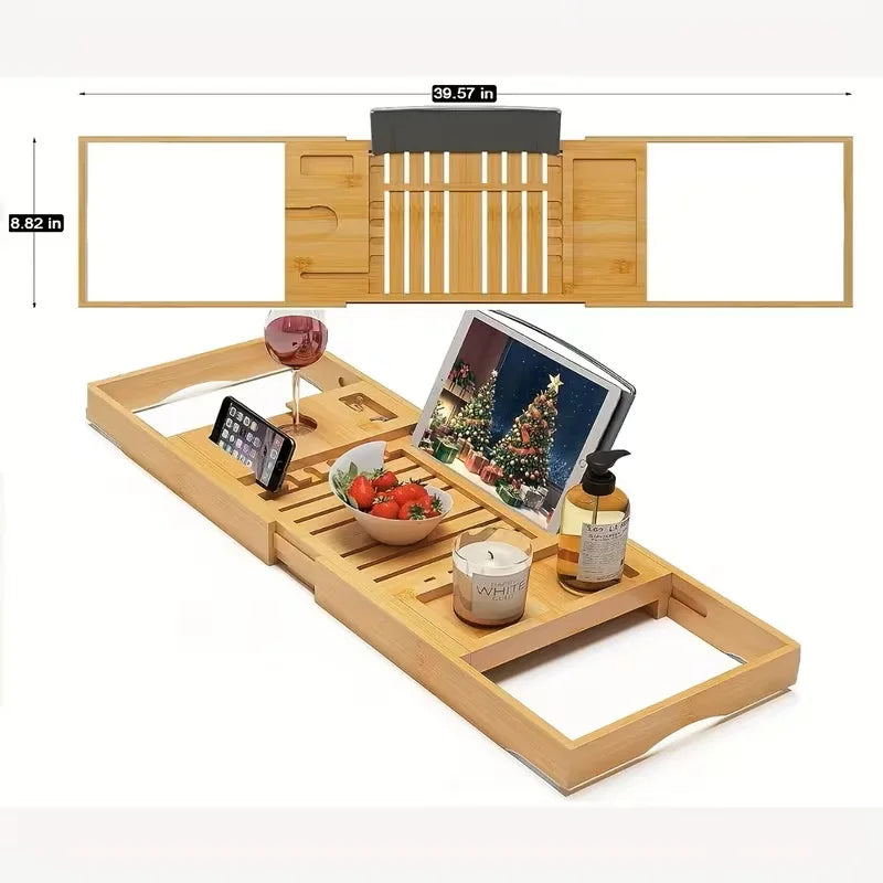 Expandable Bamboo Bathtub Tray With Wine Holder And Book Stand