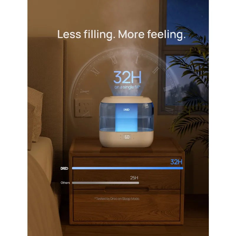 Dreo Humidifier for Bedroom, 4L Cool Mist Top-Fill Ultrasonic Humidifiers, Essential Oil Diffuser and Nightlight, 32H Runtime,
