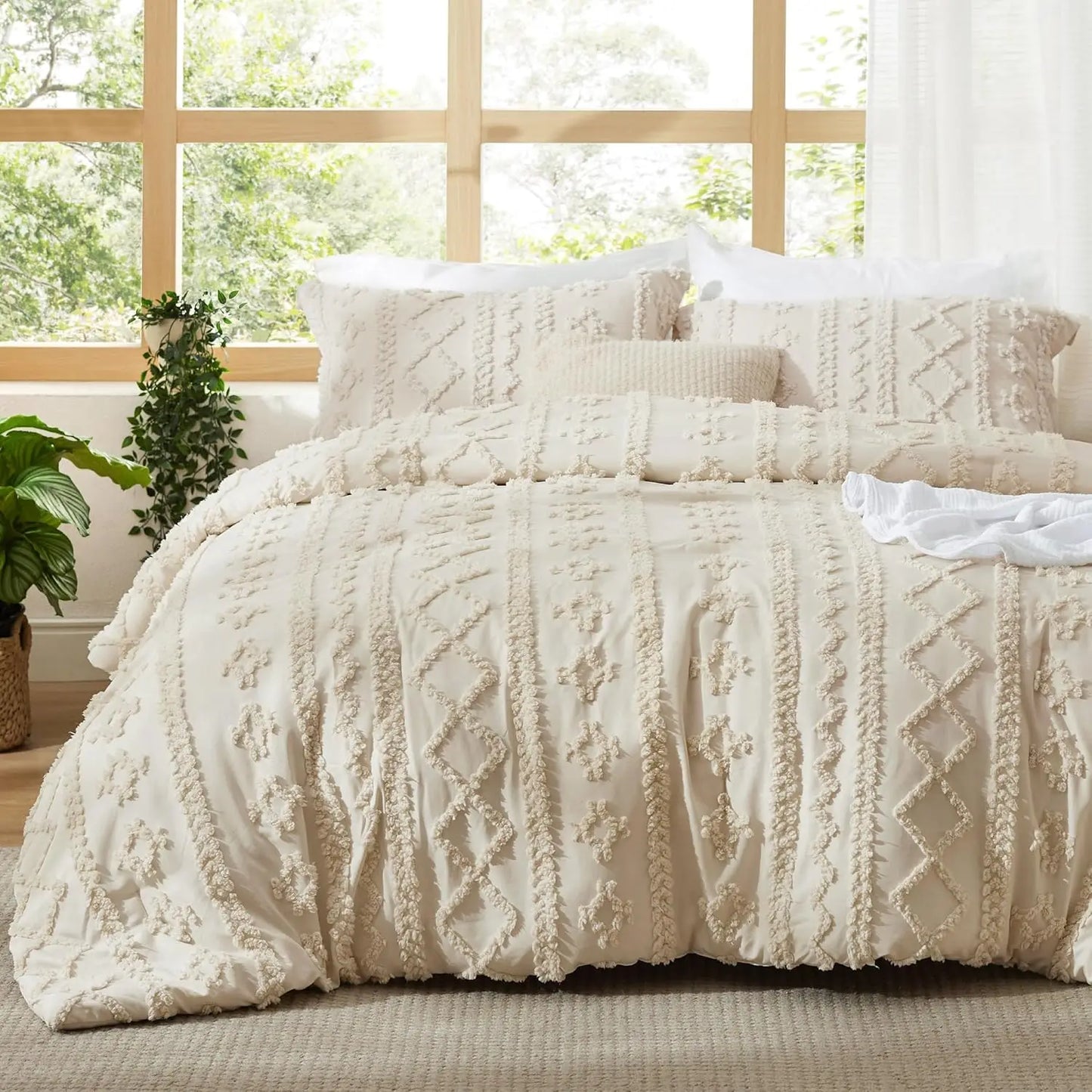 Fabirc Boho Comforter Set 3 Piece Cotton Bedding Embroidery FarmhouseShabbyChicDecor