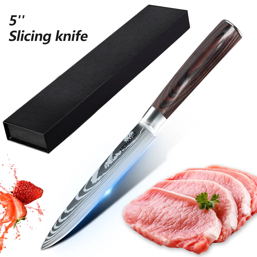Damascus Pattern Chef Knives Set Stainless Steel Handles