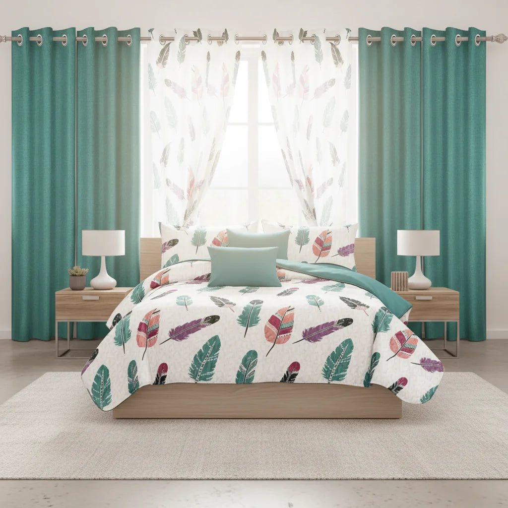 Bedspread Set With Curtains 9 Piece Machine Washable
