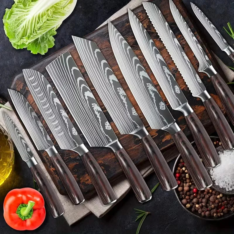 Damascus Pattern Chef Knives Set Stainless Steel Handles