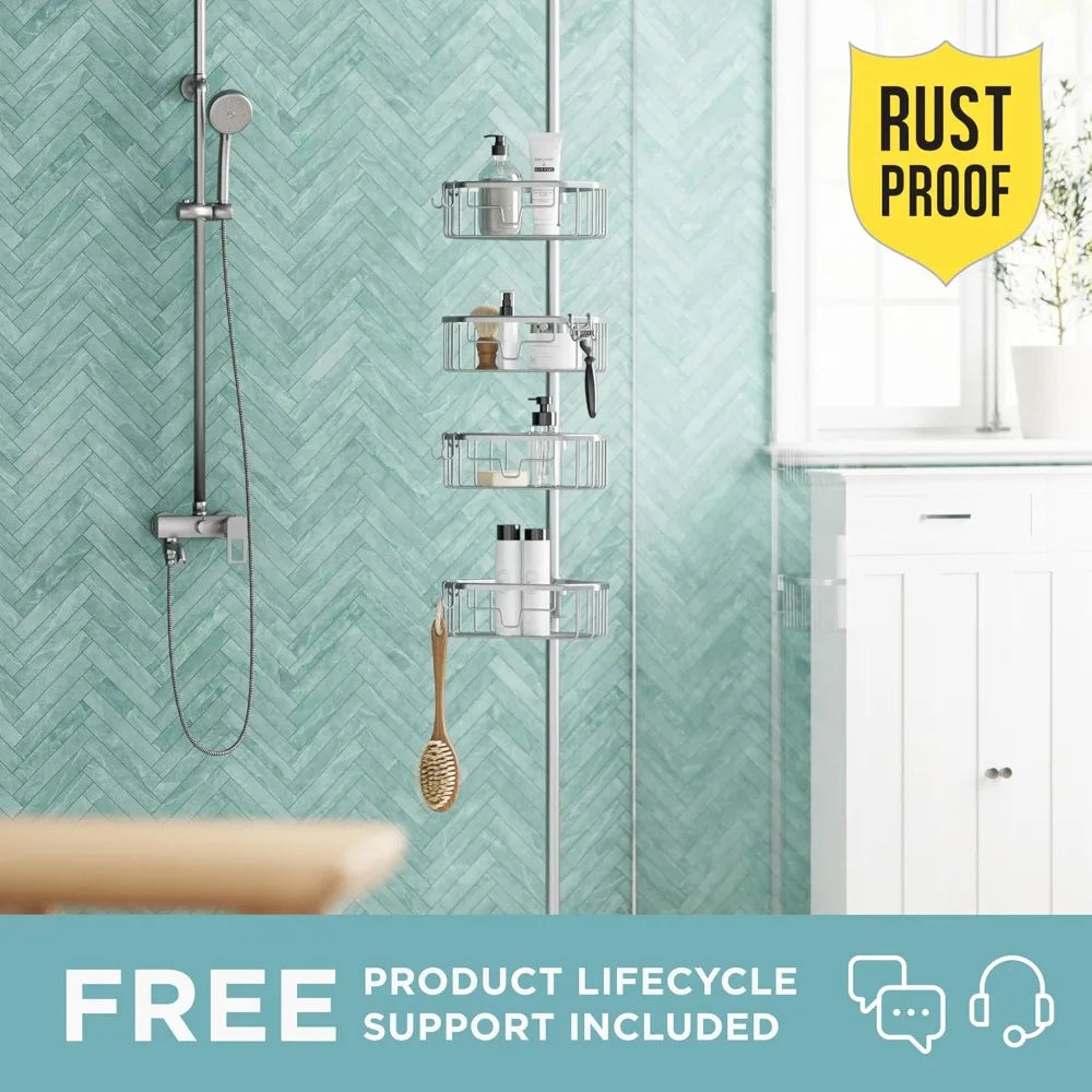 Tension Pole Shower Caddy With 4 Shelves Rustproof Aluminum