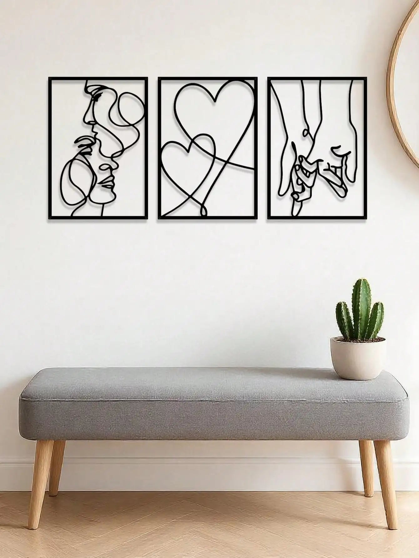 3-Piece Romanticized-Ornate-Design Metal Wall Art Ensemble Depicting Silhouettes