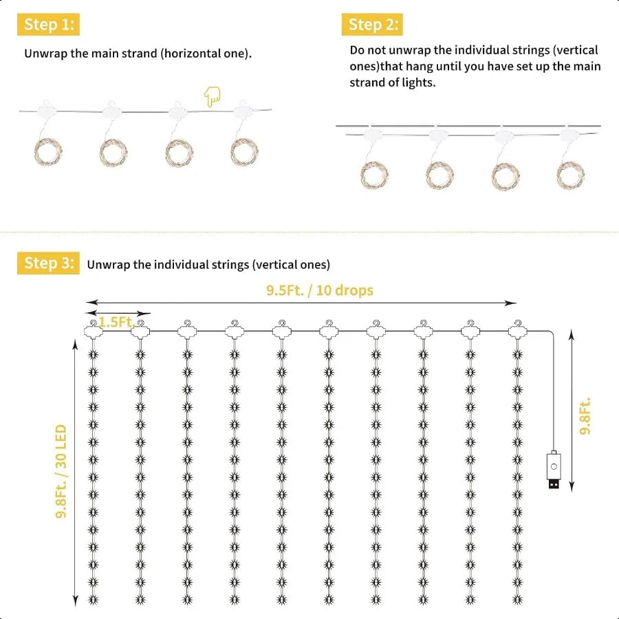 300 LED Dimmable Curtain Lights With Remote And Timer USB Powered String Lights For Room Wall Party Xmas