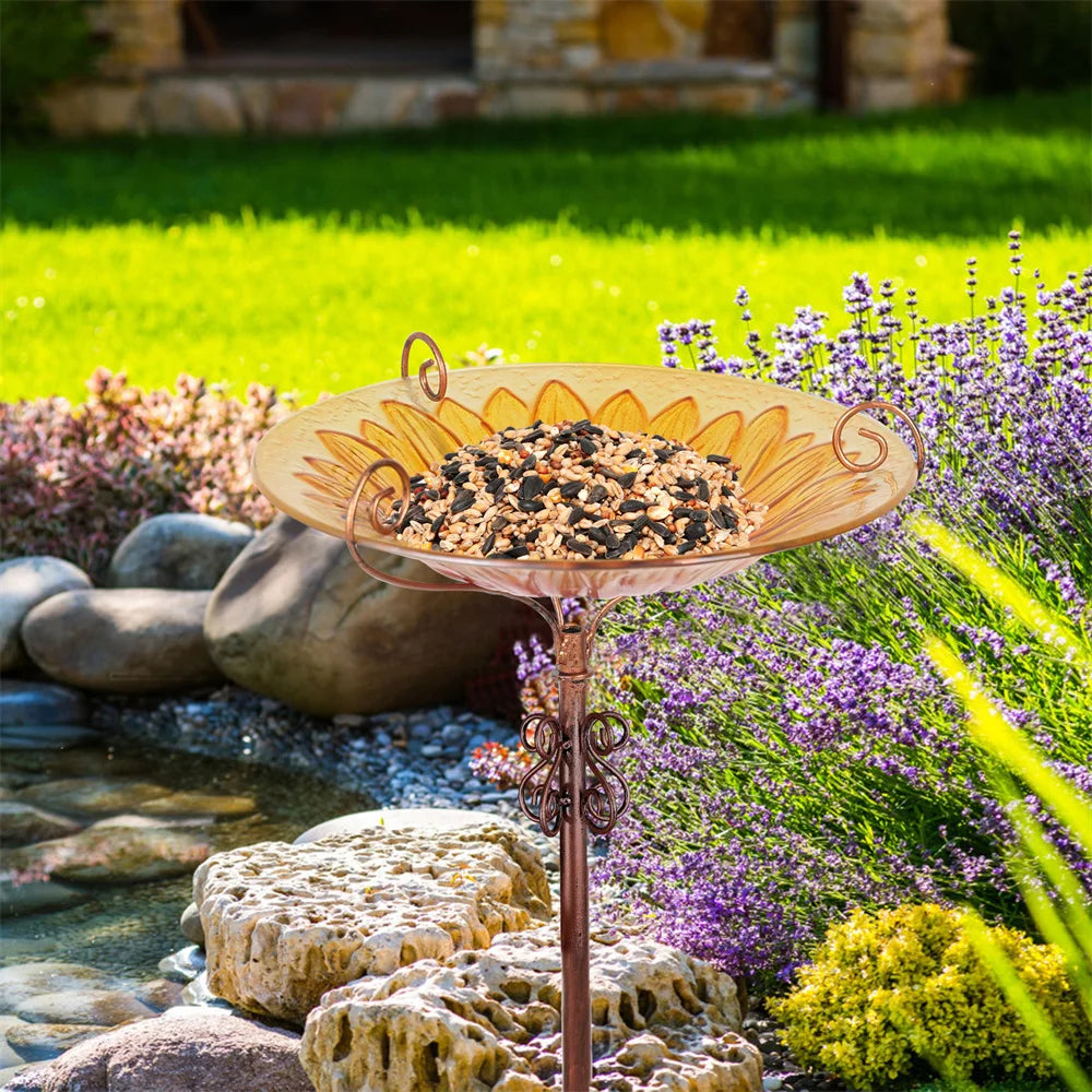 Feature Glass Bird Bath And Feeder On Metal Stake For Garden Decor
