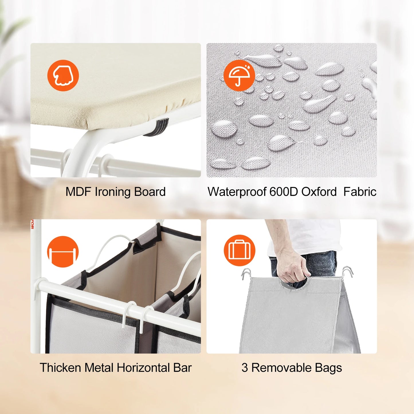 EZHomeEssentials 3Section Laundry Sorter Ironing Board Cart