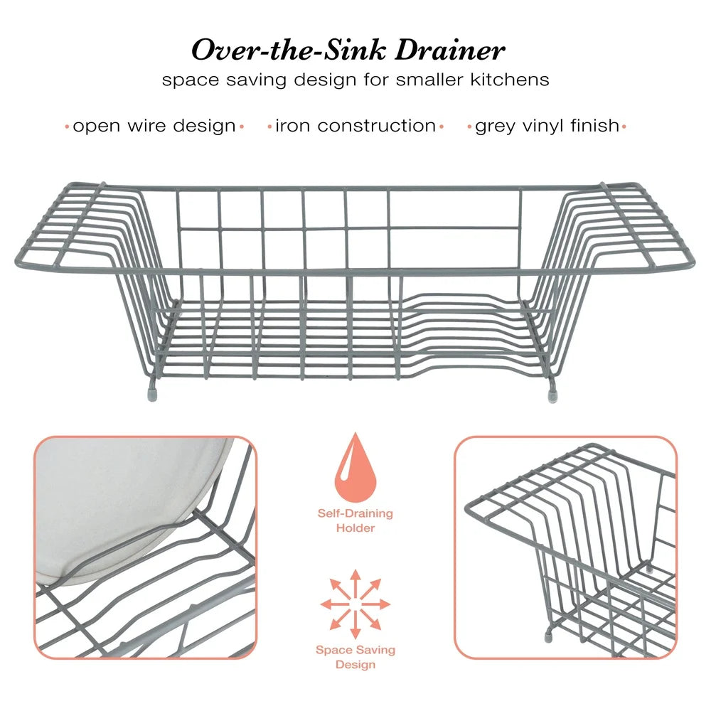 Over the Sink Dish Rack Kitchen Drainer Space Saving Design Heavy Duty Iron Open Wire Drying Rack with Plate Slots and