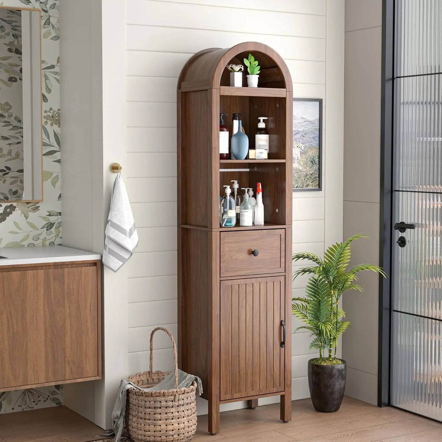 Adjustable Shelves Arched Freestanding Cabinet With Fluted Doors