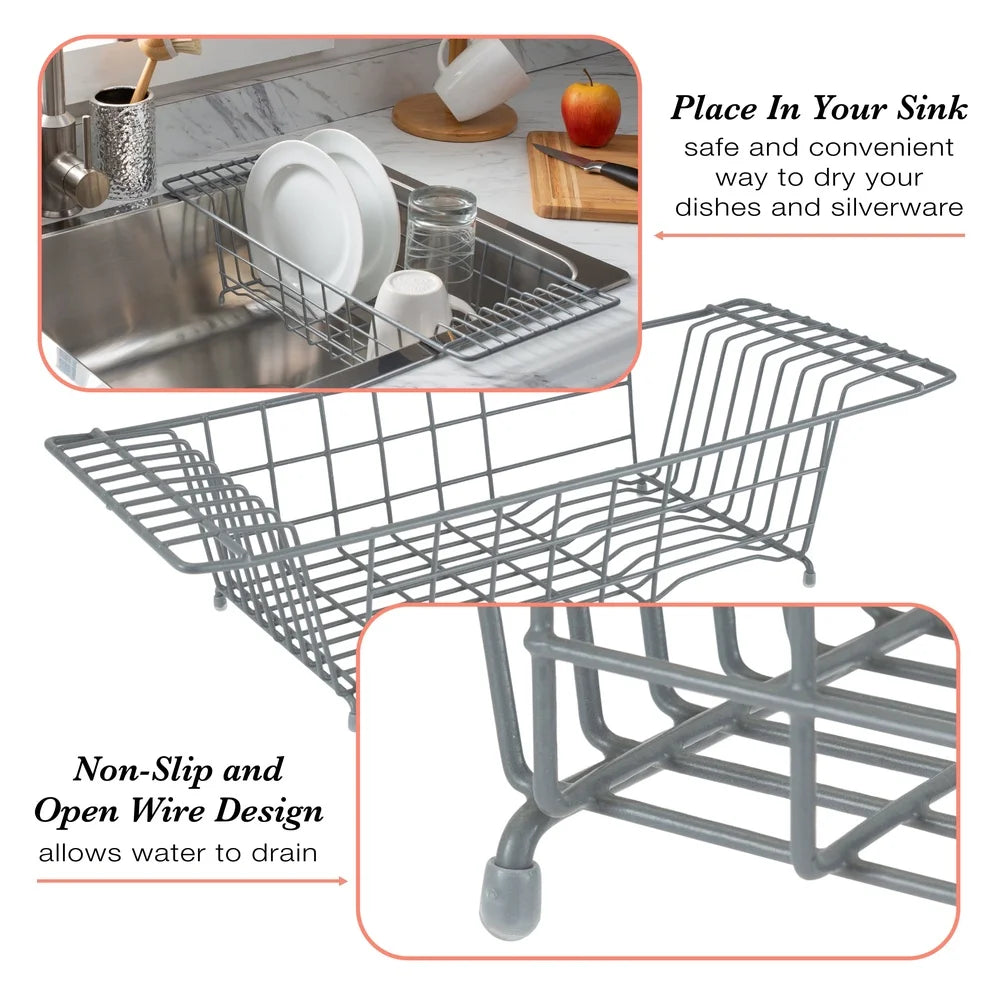 Over the Sink Dish Rack Kitchen Drainer Space Saving Design Heavy Duty Iron Open Wire Drying Rack with Plate Slots and