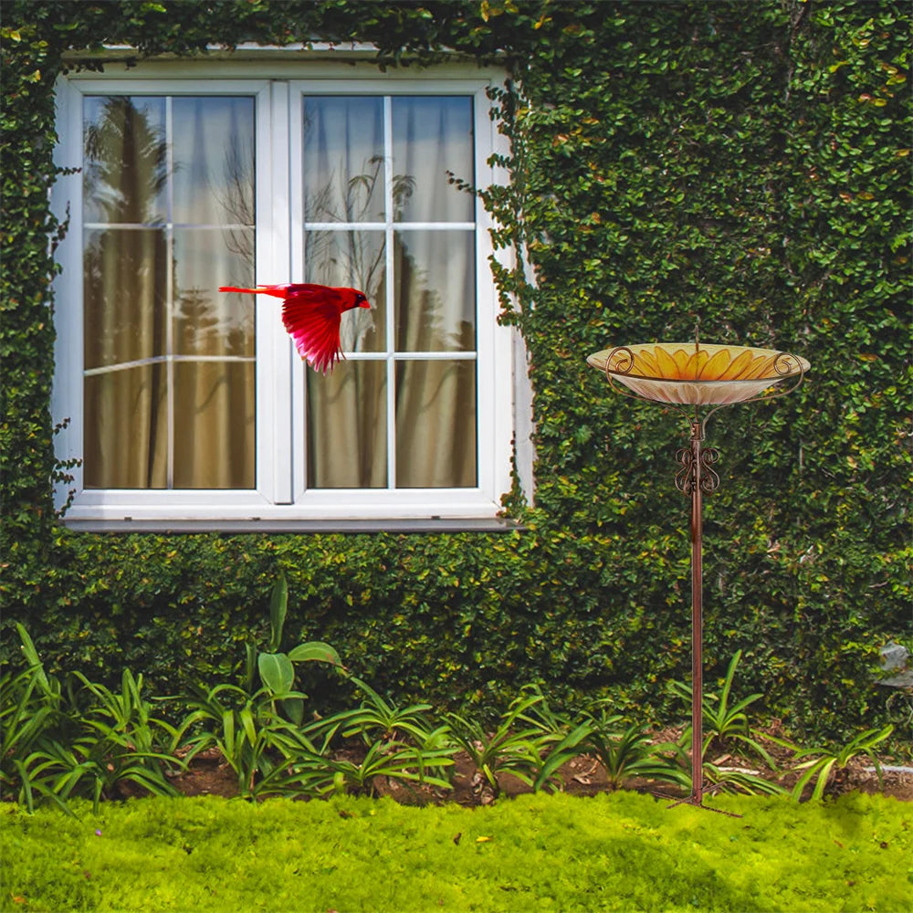 Feature Glass Bird Bath And Feeder On Metal Stake For Garden Decor