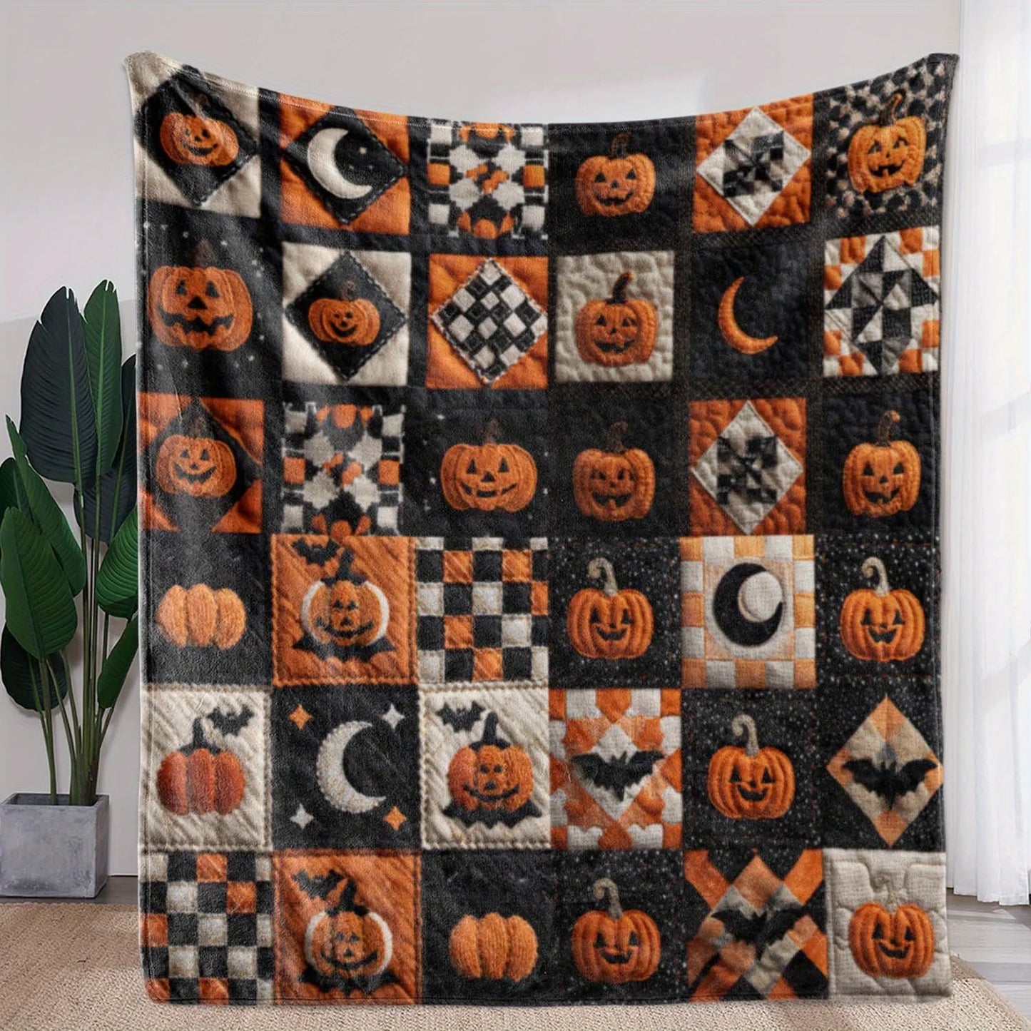 Craft of Weaving Halloween Plaid Pumpkin Moon Print Blanket