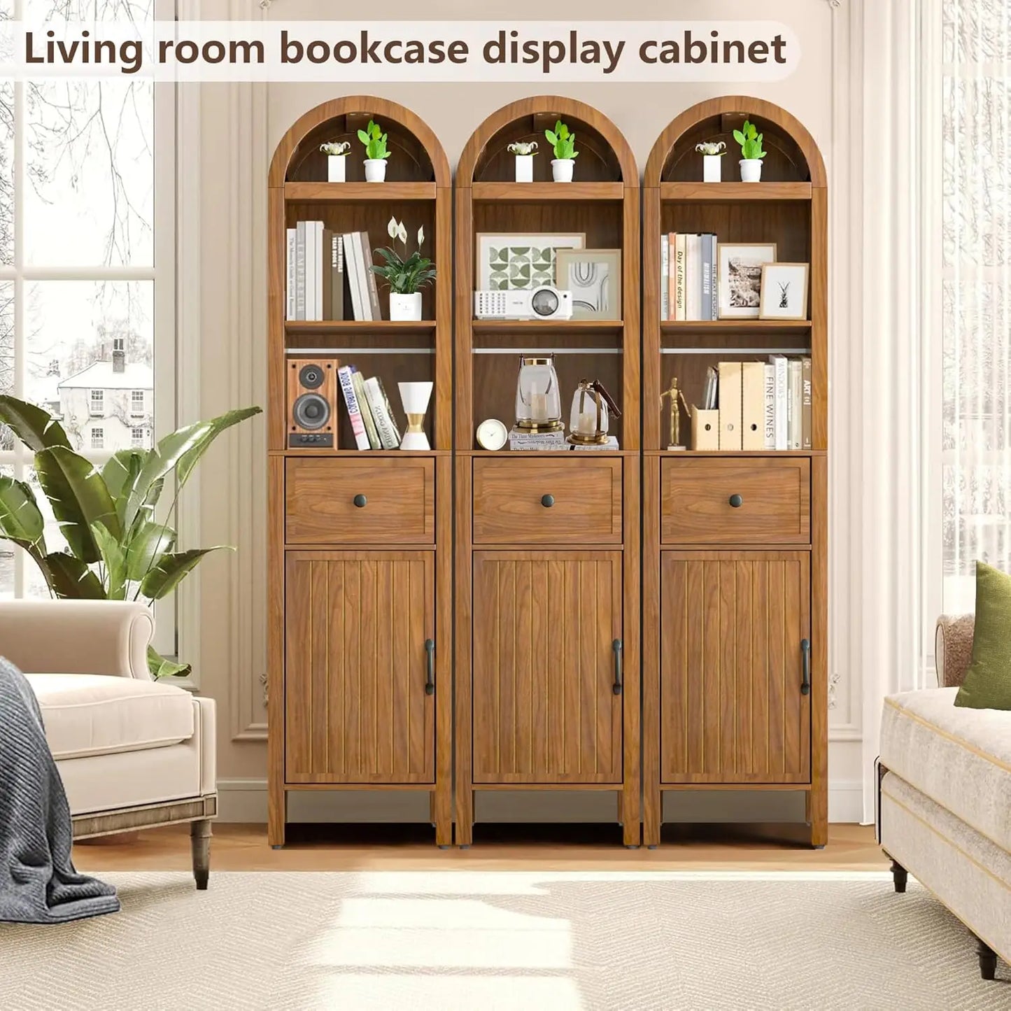 Adjustable Shelves Arched Freestanding Cabinet With Fluted Doors