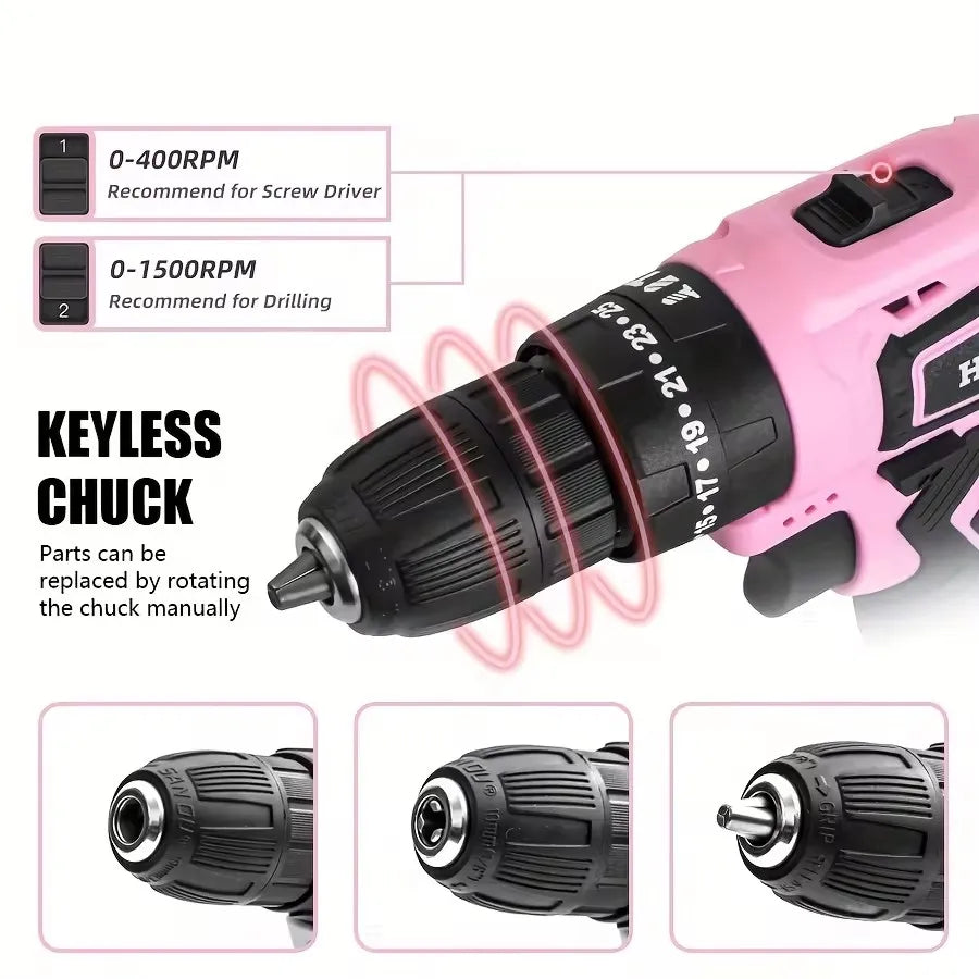 HILDA 21V Pink Drill DC Lithium ion Battery with Bag Cordless Drill Mini Wireless Power Driver Electric Tool
