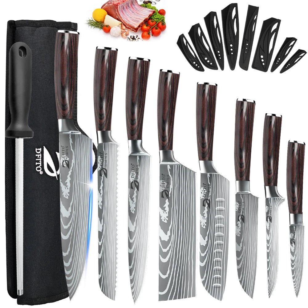 Kitchen Knife Set 7Cr17Mov Stainless Steel Chef Santoku Cleaver