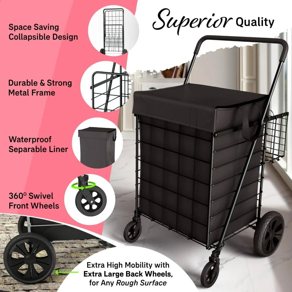 Foldable Lightweight Shopping Cart With Waterproof Basket Liner And Wheels