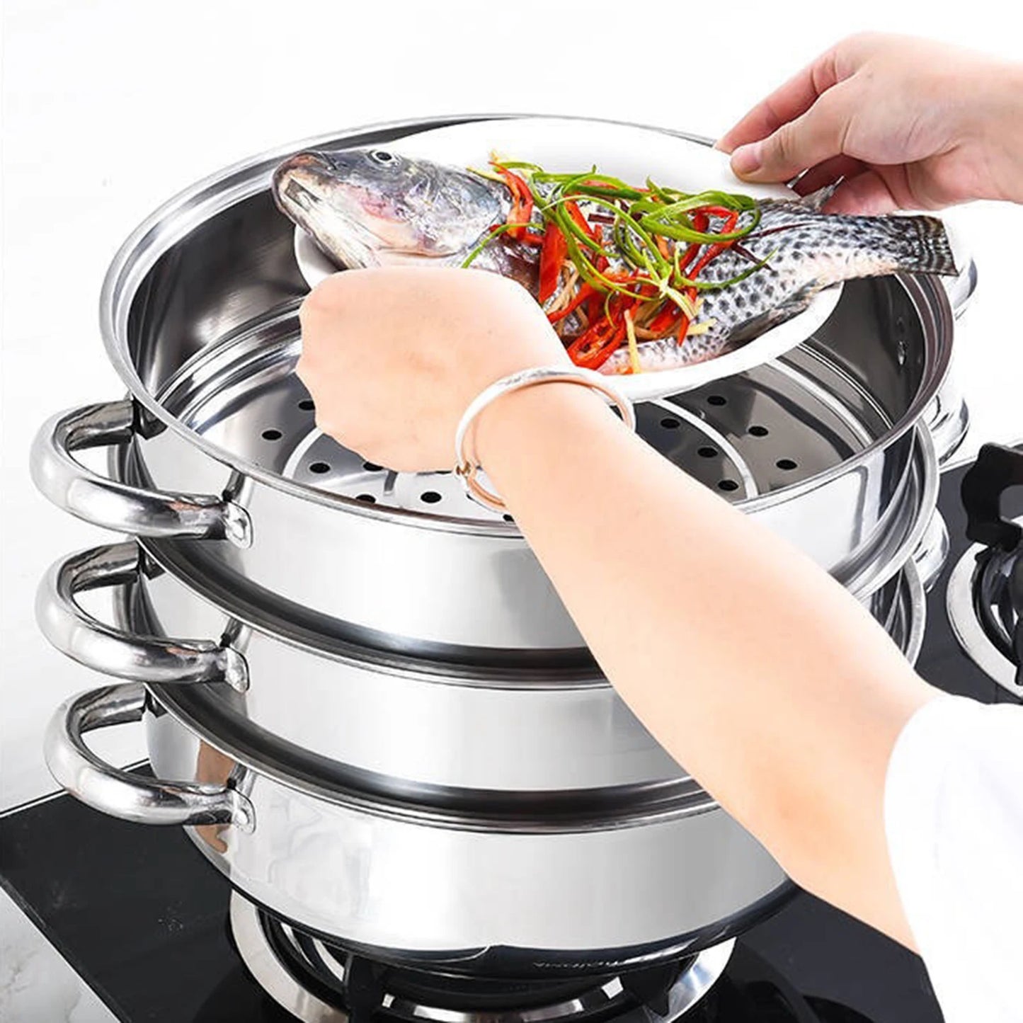 Hign-concerned Stainless Steel Steamer 3 Tier Pot with Lid