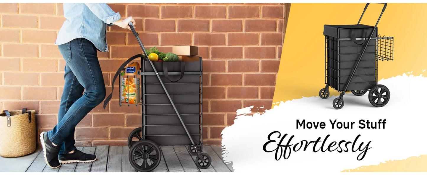 Foldable Lightweight Shopping Cart With Waterproof Basket Liner And Wheels