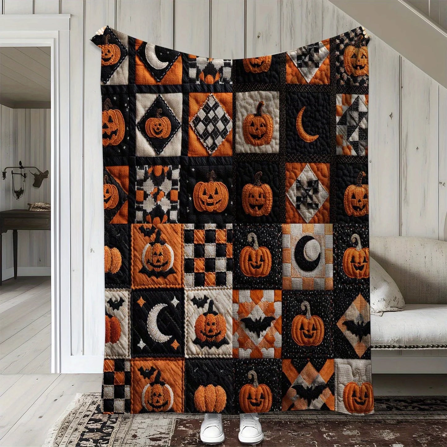 Craft of Weaving Halloween Plaid Pumpkin Moon Print Blanket