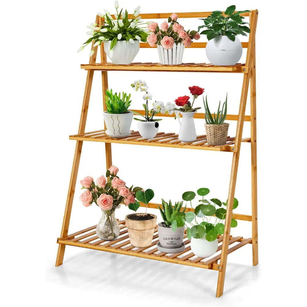 Bamboo Plant Stand Foldable 3 Tier Display Ladder Shelf