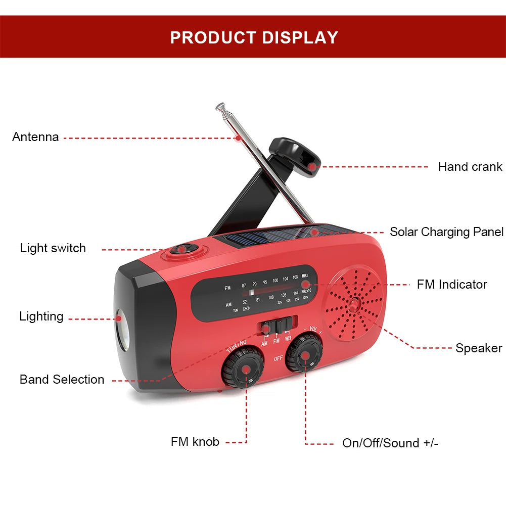 Portable Emergency Crank Radio AM FM WB Weather Solar