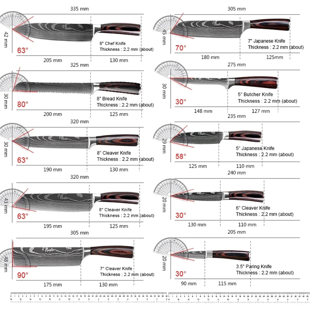 Damascus Pattern Chef Knives Set Stainless Steel Handles